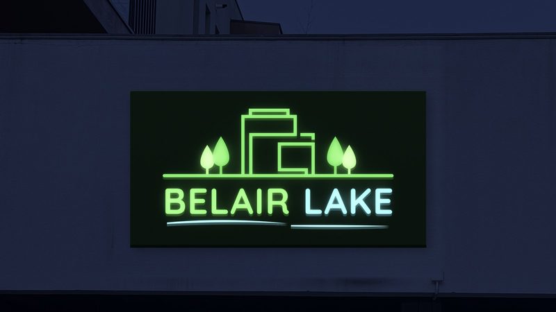 Detaliu panou cu logo color iluminat, seara